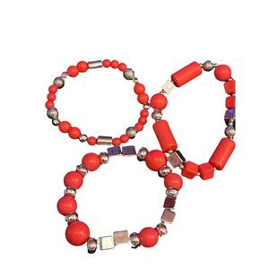 Vibrant Red Beaded Bracelet Set Boho Chic Jewelry Stackable Stretch Bangles R-23